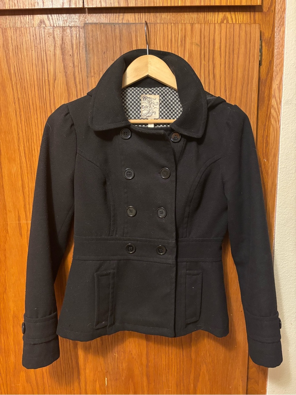 Tulle Black Double Breasted Hooded Peacoat Jacket Small